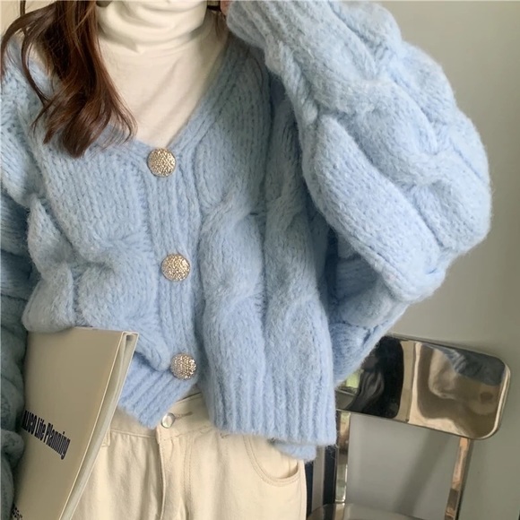 Cardigan sweater cable knit pink cream white womens button long sle… - Picture 7 of 16